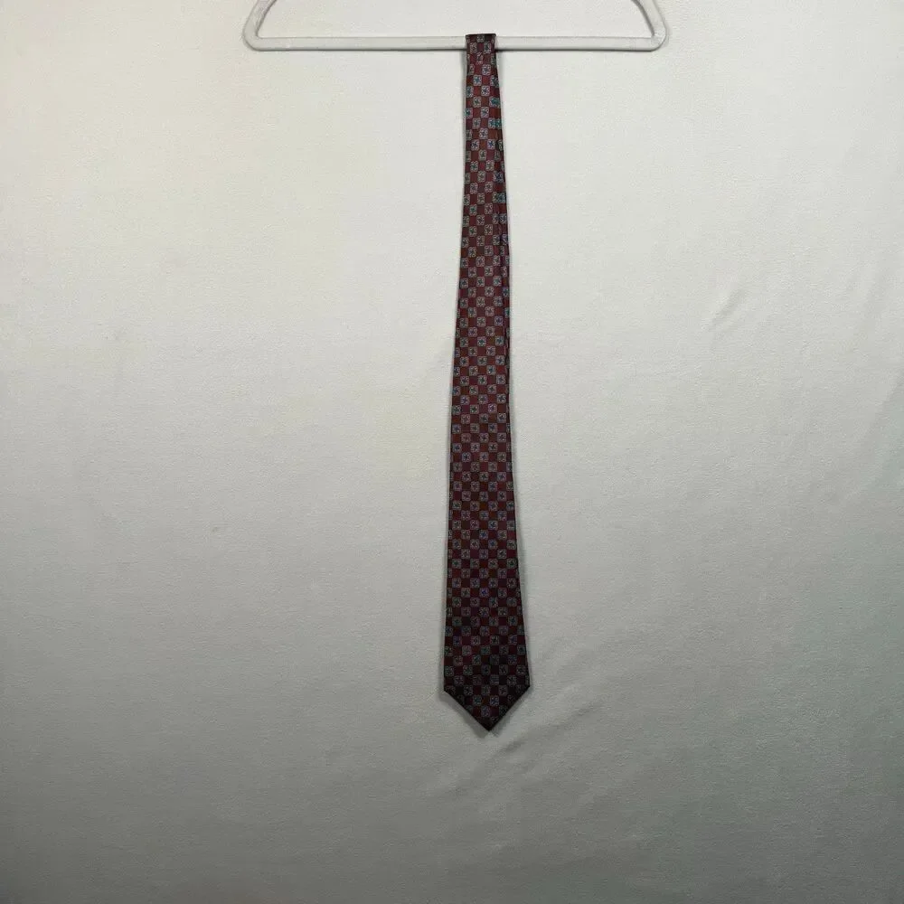 Christian Dior Silk Tie Red Blue Geometric Medallion Made USA Italy Classic 3.5